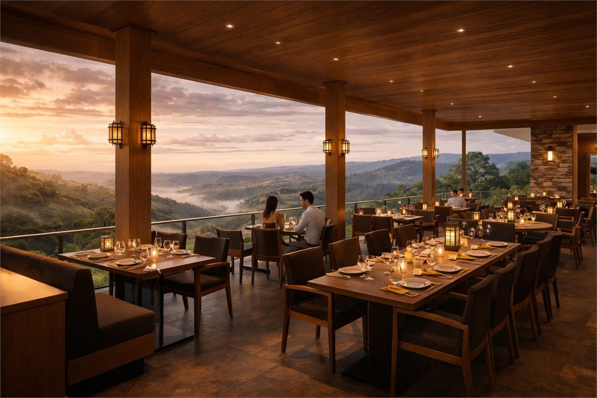 Open-air valley view dining at Sunrise Farm Valley