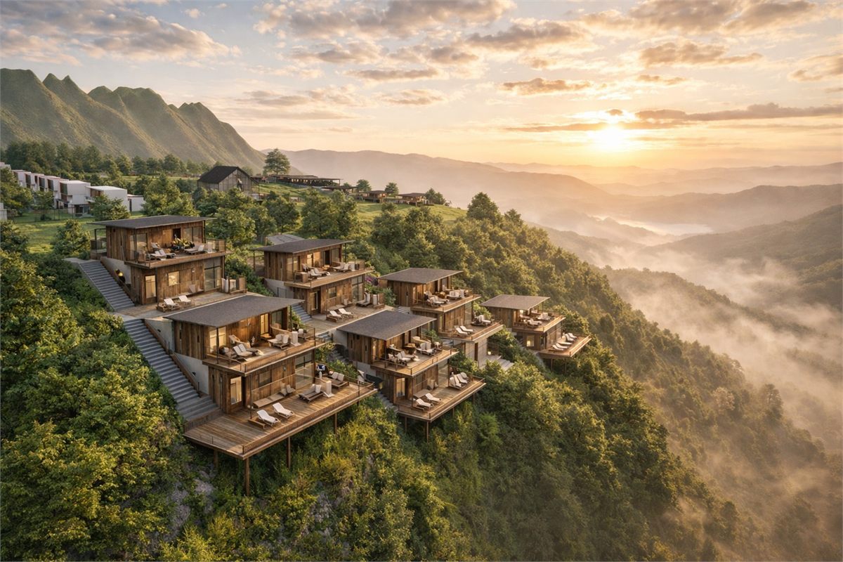 Hilltop villas at Sunrise Farm Valley overlooking the valley at sunrise