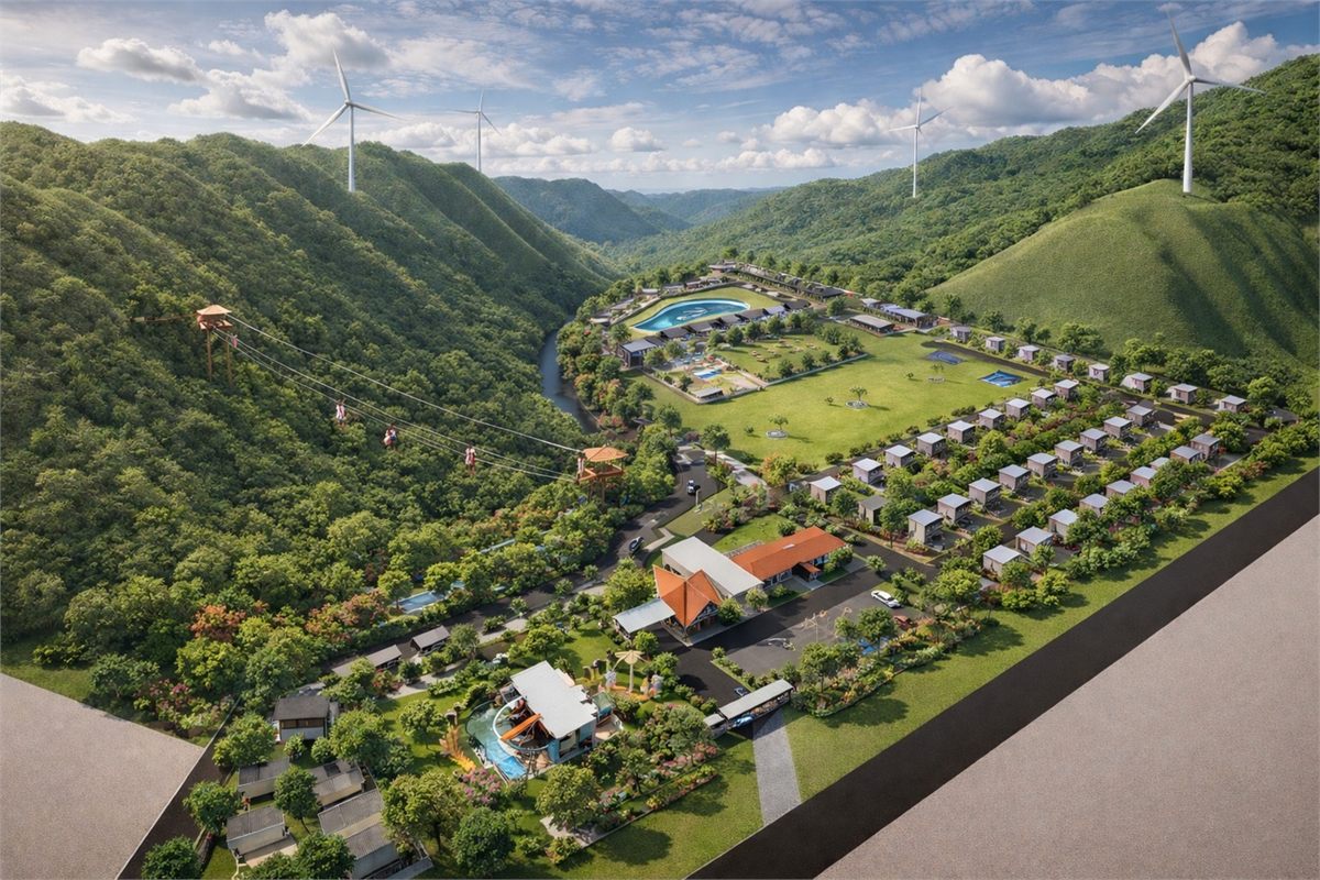 Aerial view of the Sunrise Farm Valley masterplan set between green hills